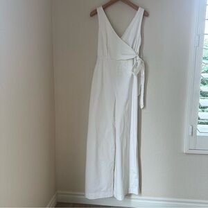 White Jumpsuit 2 Chino By Anthropologie Tie Waist Wide Leg Pocket Coquette Retro